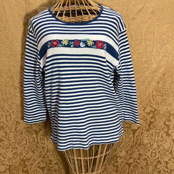 CATHY DANIELS KNIT TOP 3/4 SLEEVE BLUE & WHITE STRIPE W/ EMBROIDERY SIZE L - Picture 1 of 5
